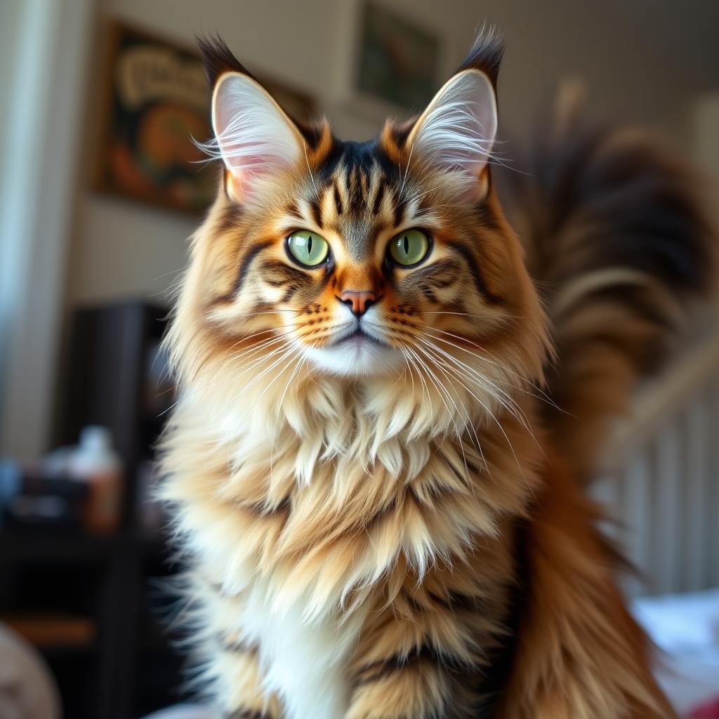 A majestic Maine Coon cat with its long, tufted ears and bushy tail, showcasing its large size and distinct features