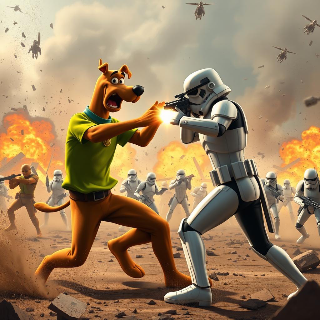 An epic and realistic scene of Shaggy from Scooby-Doo engaged in a fierce battle against a Stormtrooper in the midst of a chaotic battlefield