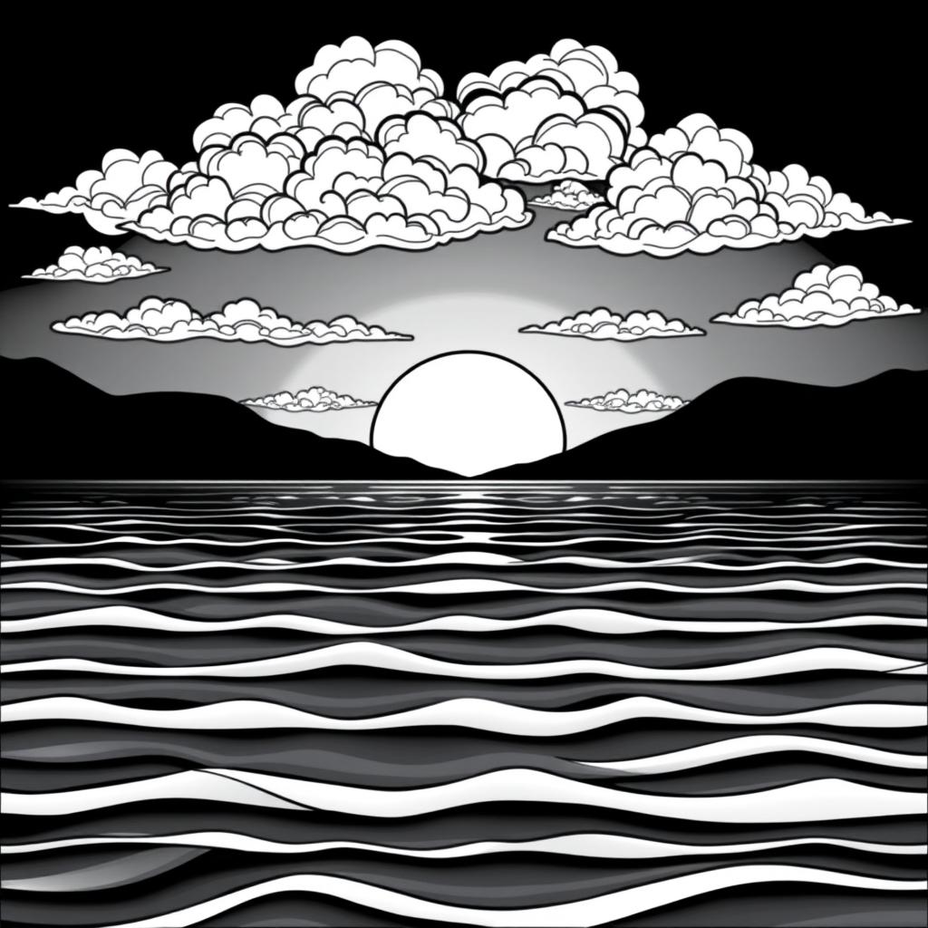 A stunning black and white illustration of a sunrise over a calm sea, capturing the serene beauty of nature