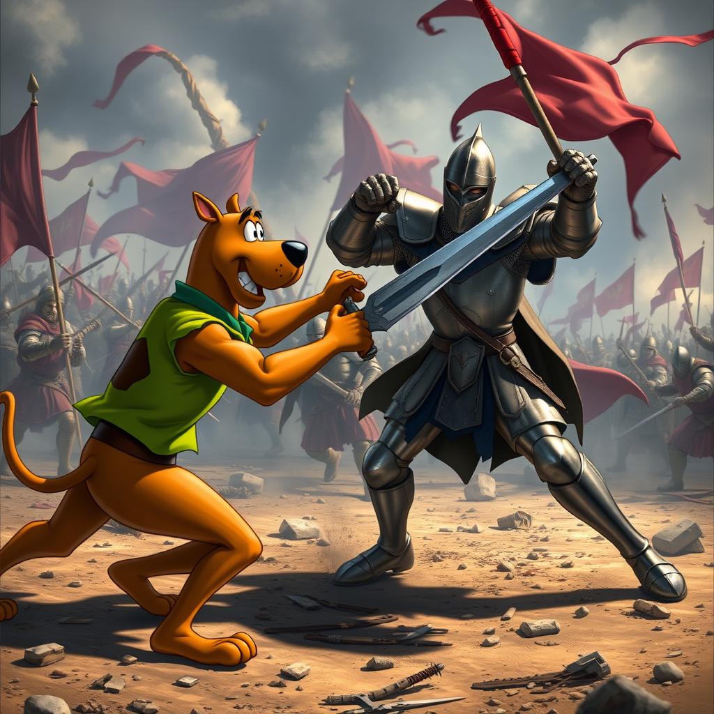 An epic and realistic scene depicting Shaggy from Scooby-Doo engaged in a fierce battle with a medieval knight on a chaotic battlefield