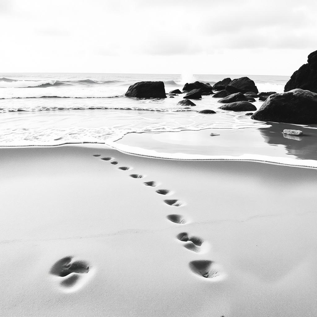 A captivating black and white painting featuring a serene beach scene, where the waves softly kiss the sandy shore