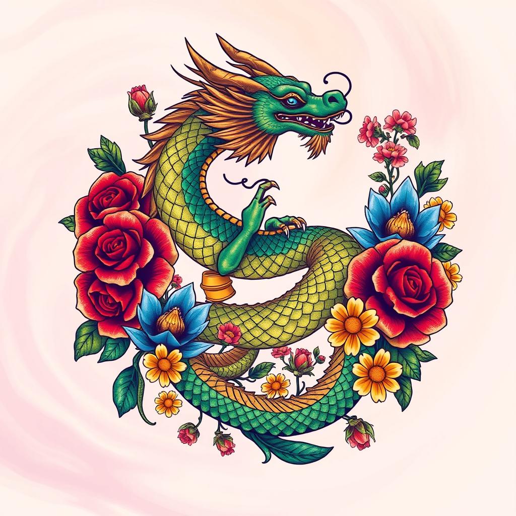 A detailed and vibrant graphic design for a t-shirt featuring a stylized dragon intertwined with intricate floral patterns