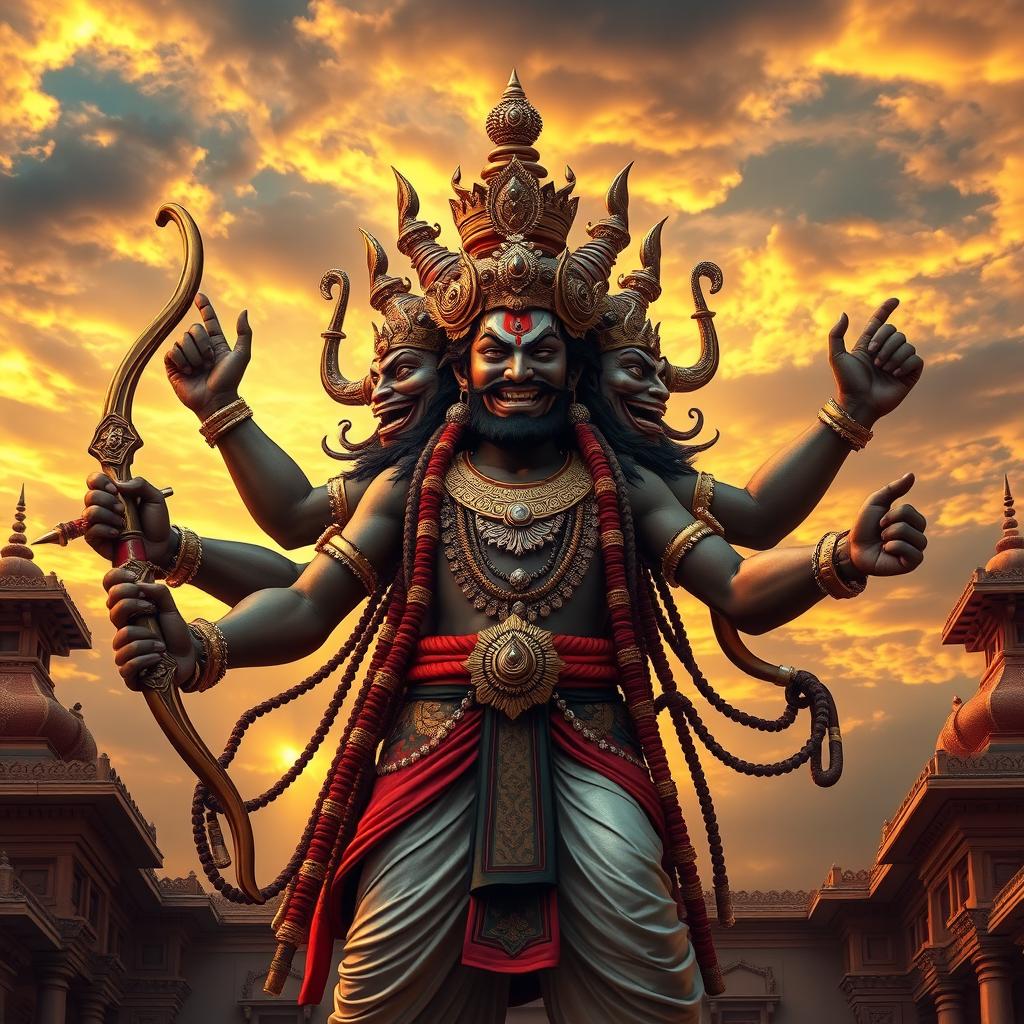 A striking depiction of Ravan, the ten-headed demon king from Hindu mythology, standing tall with an array of intricate traditional ornaments adorning his regal attire