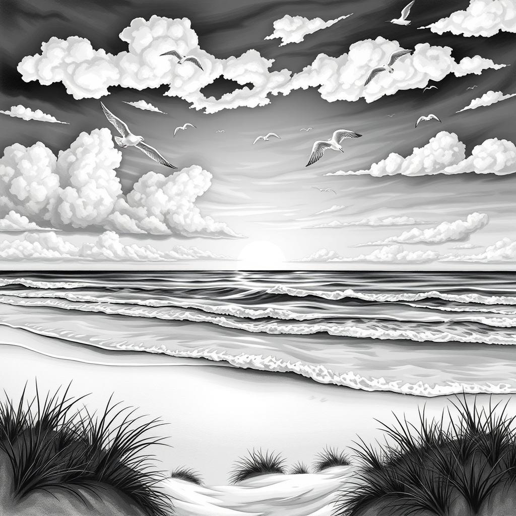 A beautifully painted black and white scene depicting a serene beach with gentle waves lapping at the shore