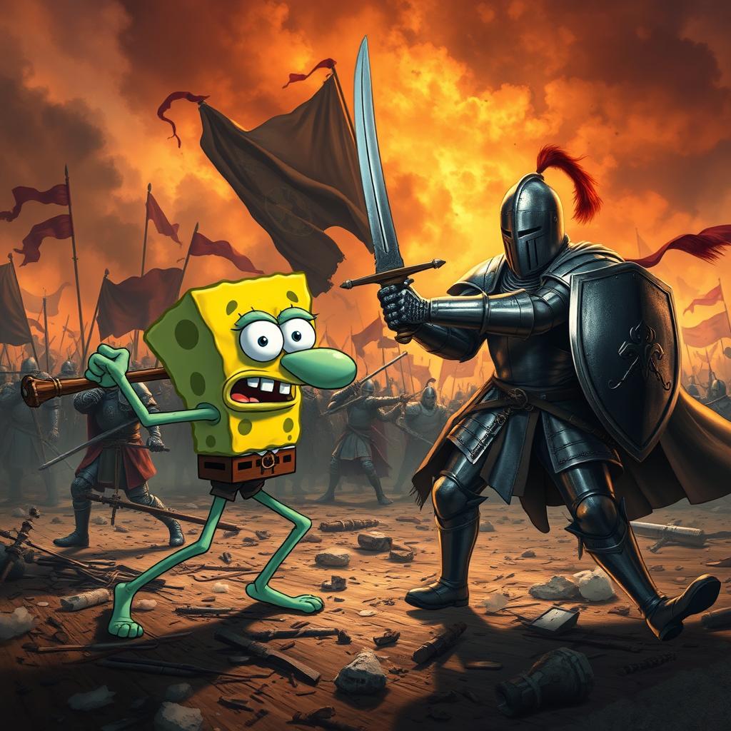 An epic and realistic scene depicting Squidward from SpongeBob SquarePants in an intense battle against a medieval knight on a dramatic battlefield