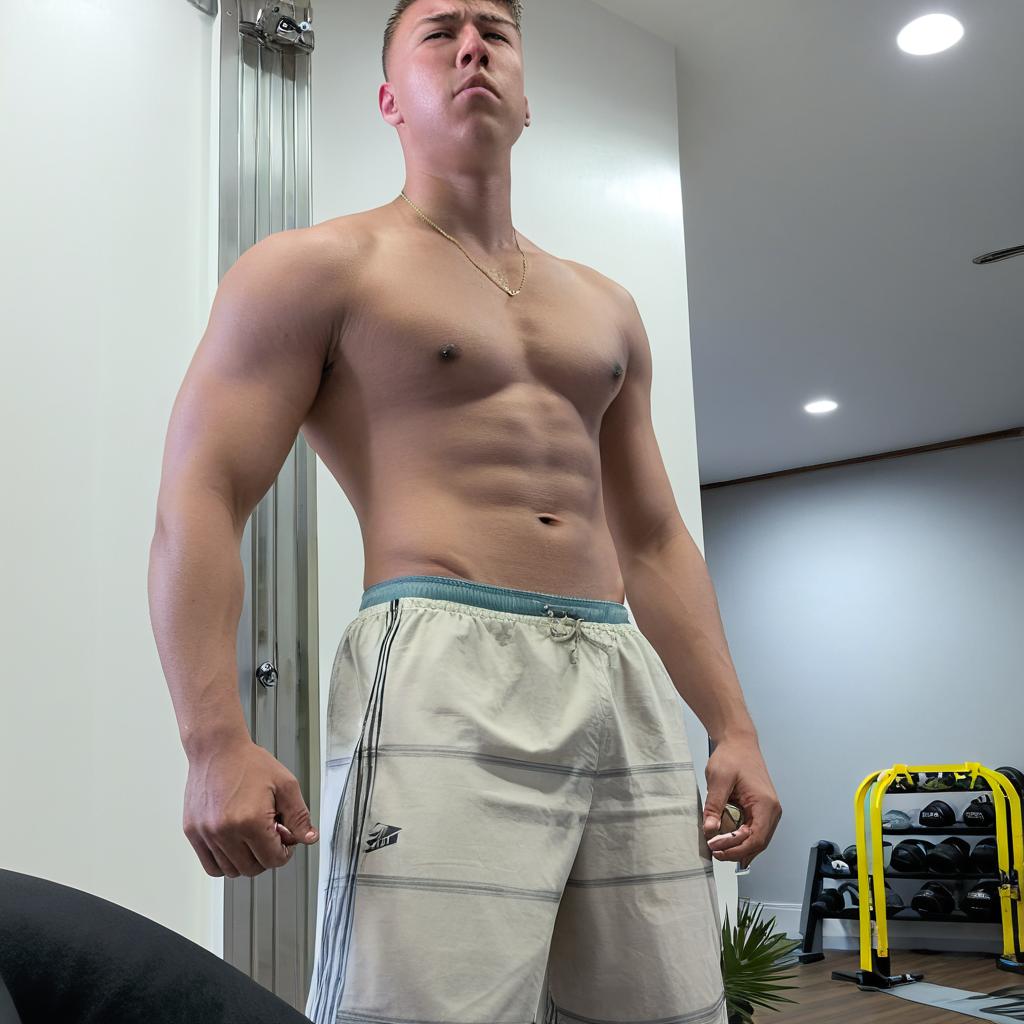 Can you generate an image with the guy in the picture, which he is sweaty and abs punched. He started to drool after the punch and face starting to look weak