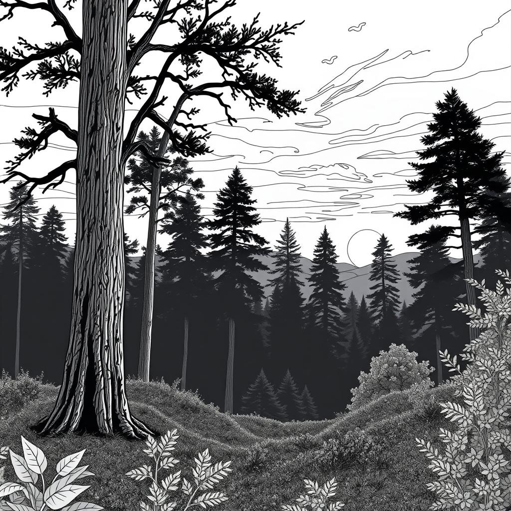A serene landscape of a forest at sunset, depicted in black and white, perfect for adult coloring