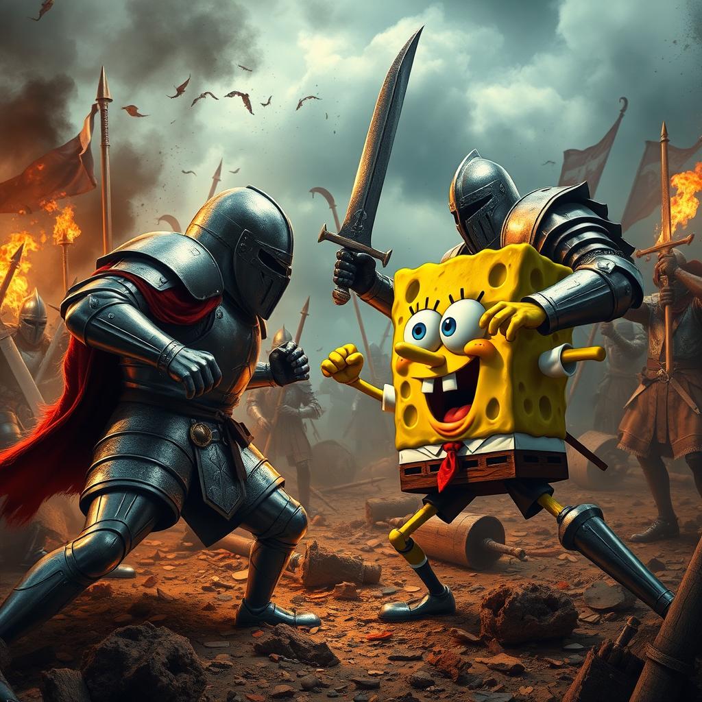 An epic and realistic scene capturing SpongeBob SquarePants in a dynamic battle against a medieval knight on a chaotic battlefield