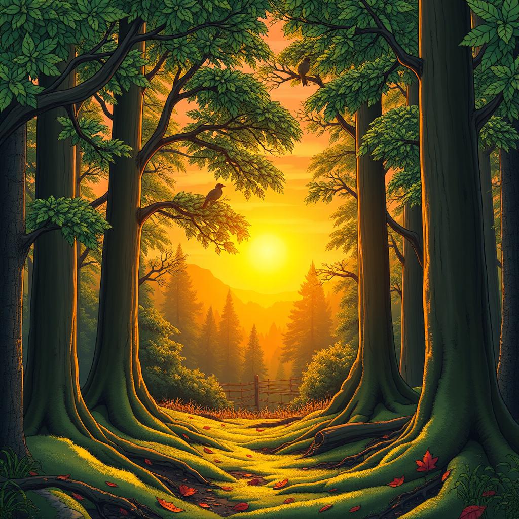 A serene and beautiful forest sunset
