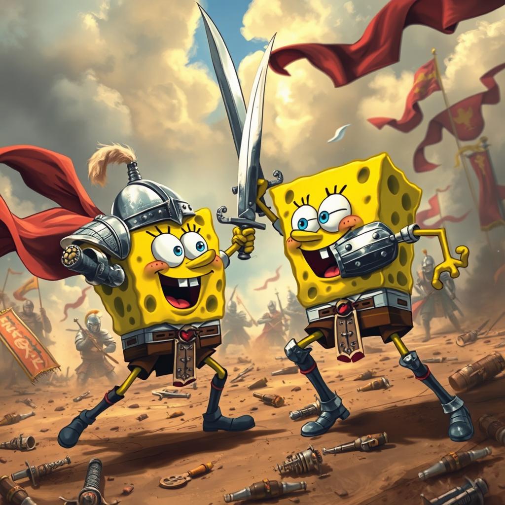 A realistic and epic scene depicting SpongeBob SquarePants engaging in a fierce battle with a medieval knight on a chaotic battlefield