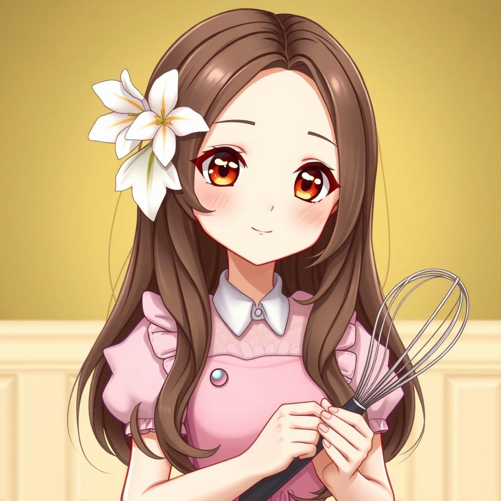 A sweet and charming AI character for a candy shop, featuring warm brown eyes and long, chocolate-colored hair cascading down past her shoulders