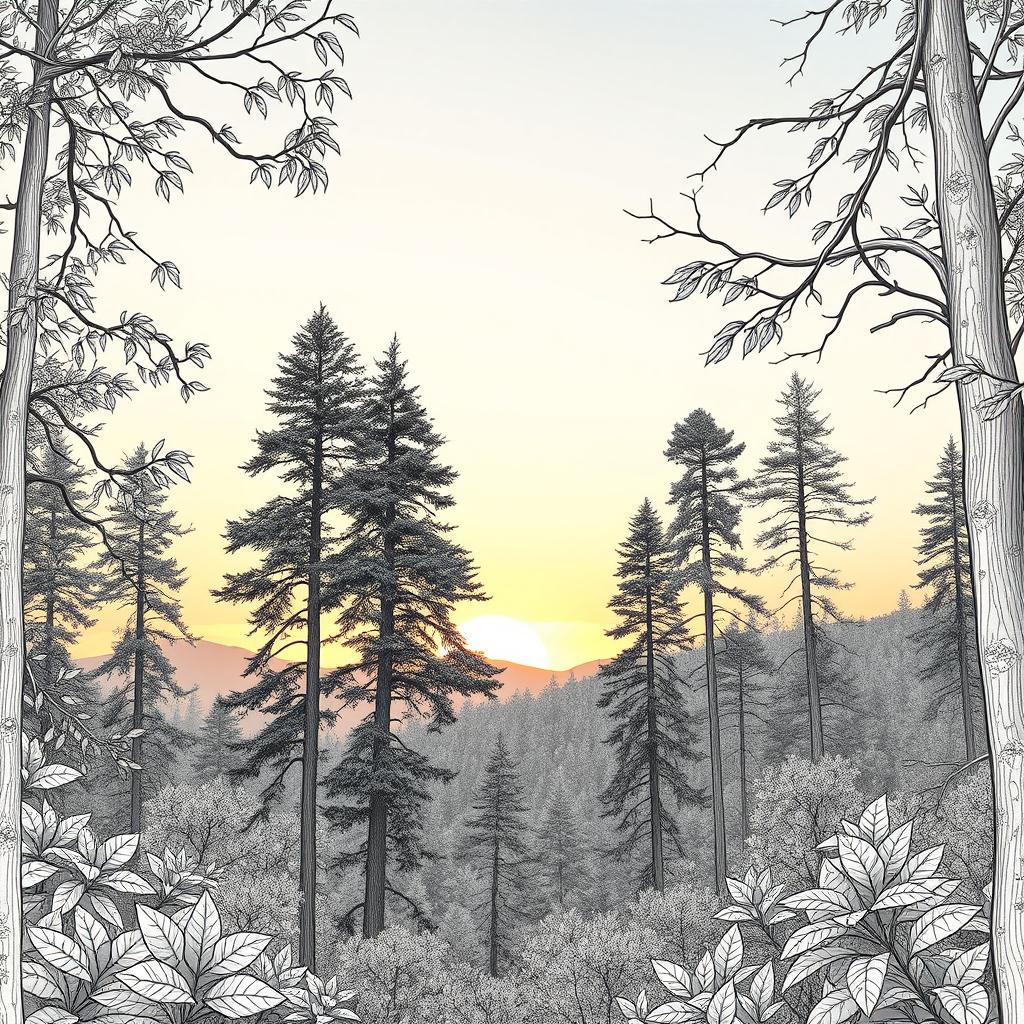 A serene forest landscape at sunset, with the sky transitioning from soft oranges to deep blues, silhouetting tall trees