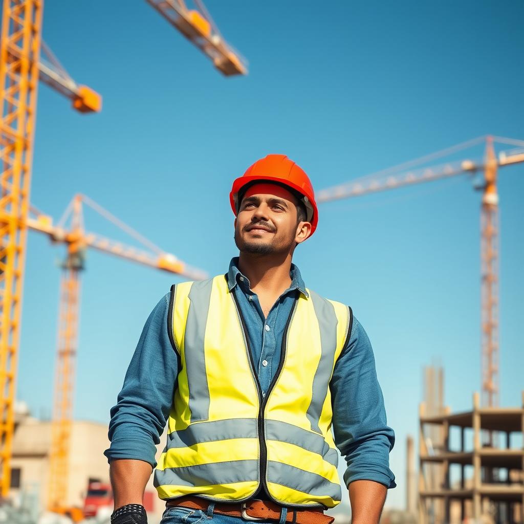 A construction worker wearing a bright red safety helmet, standing confidently on a construction site