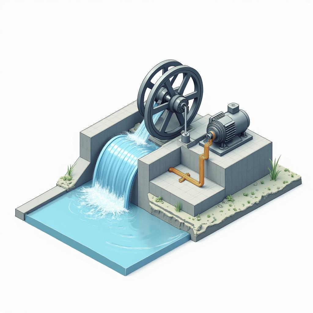 An isometric drawing of a mini hydropower plant (mini HPP) featuring a rotating wheel (turbine)