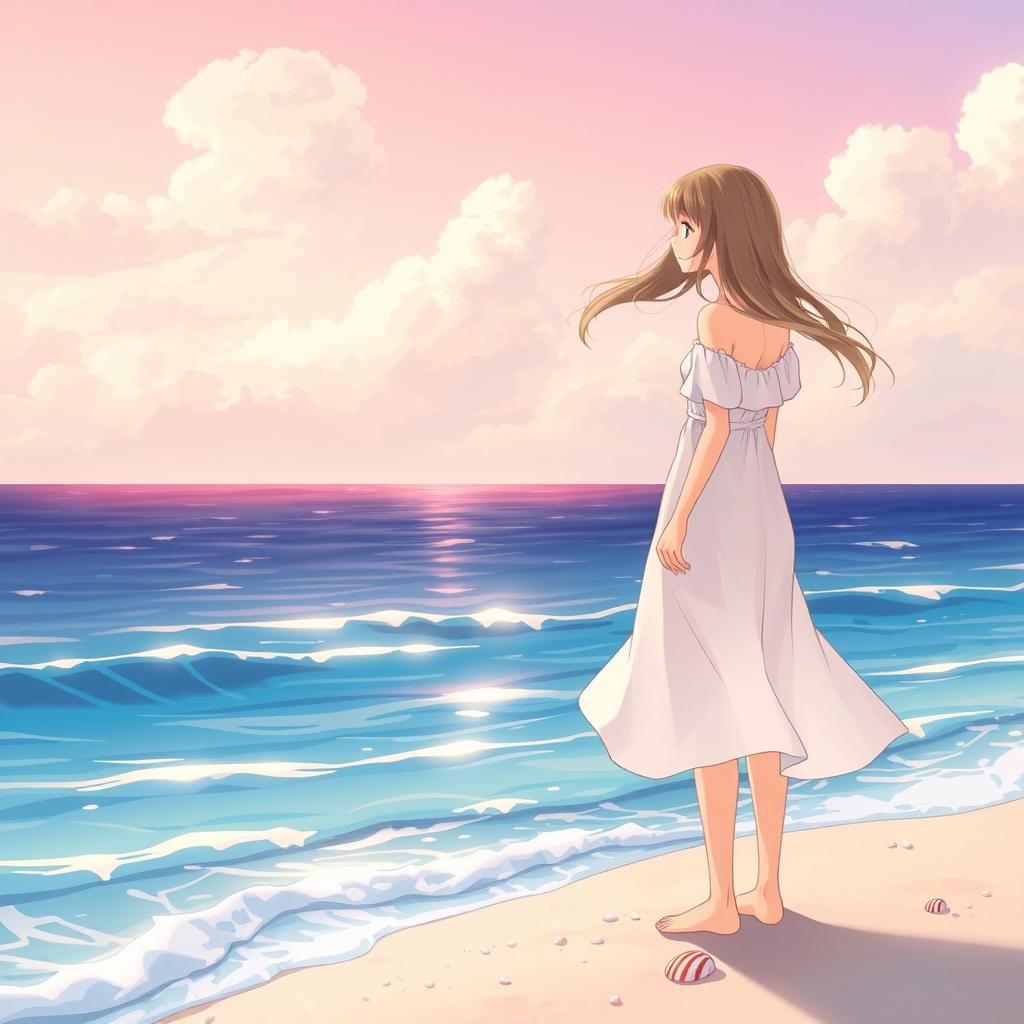 A beautifully illustrated anime girl standing on the edge of a serene sea, with her hair flowing in the gentle breeze
