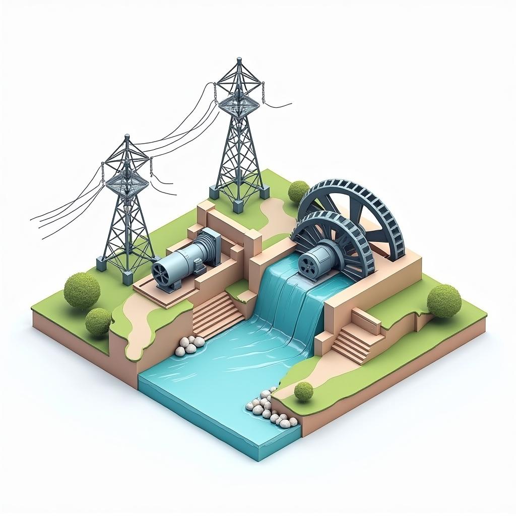 An isometric drawing of a small hydroelectric power station (mini hydropower plant) featuring a rotating wheel