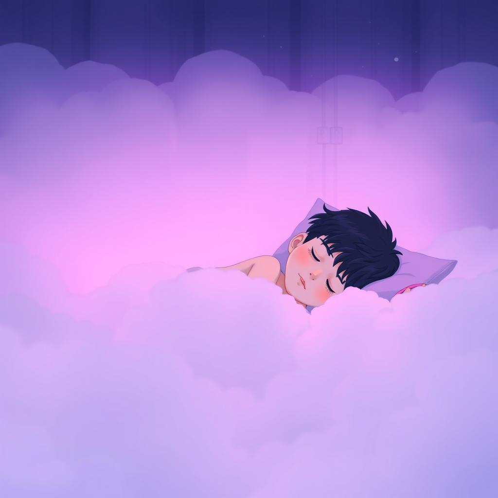 A serene lo-fi aesthetic album cover featuring a boy with black hair peacefully sleeping in a cozy cloud room
