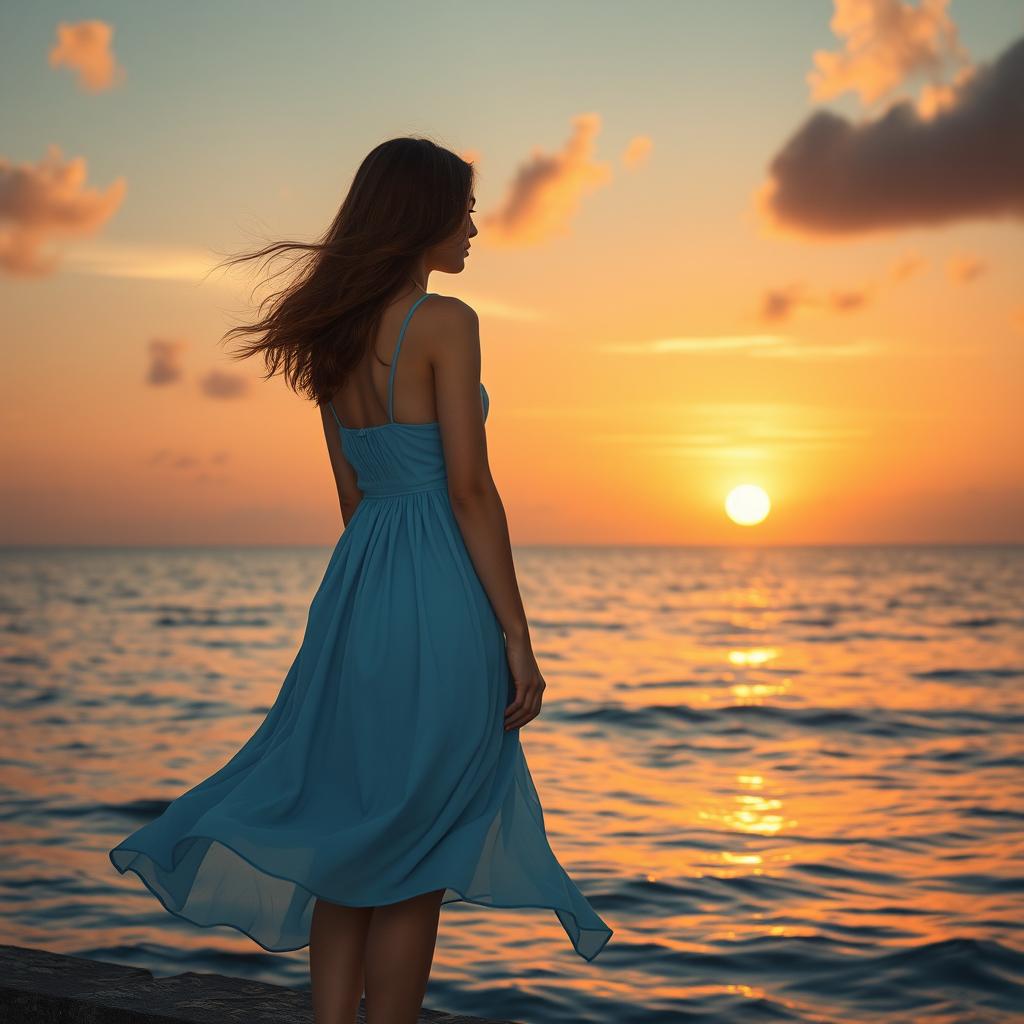 A serene scene depicting a woman standing by the sea, gazing far away into the horizon