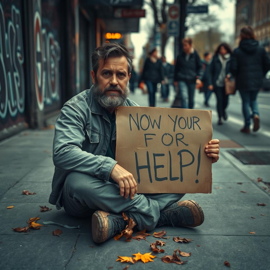 A somber scene depicting a man in casual clothing sitting on the sidewalk, looking dejected while holding a cardboard sign asking for help