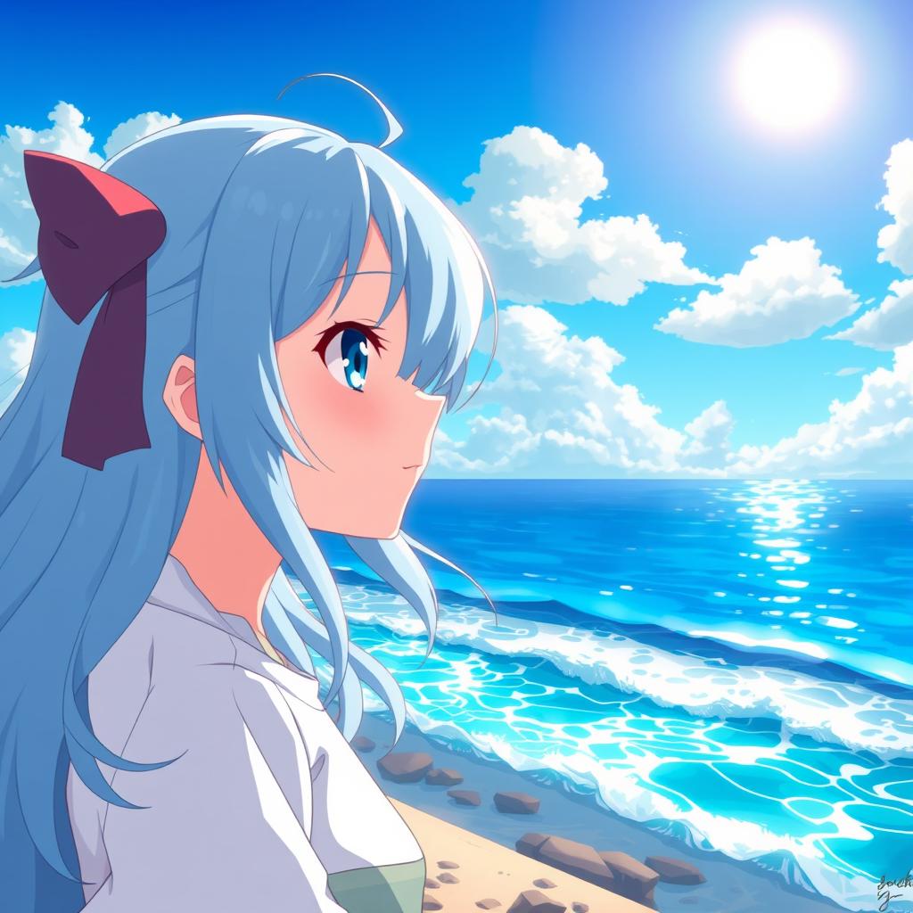 A serene anime-style scene featuring a female character with sky blue hair gazing into the distance, near the sea