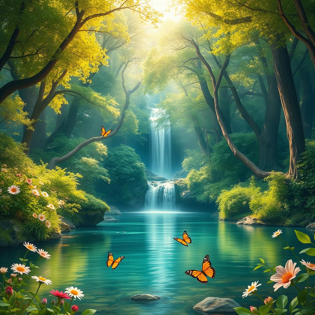 A majestic forest scene featuring a serene waterfall cascading into a calm pool surrounded by vibrant green trees and blooming flowers
