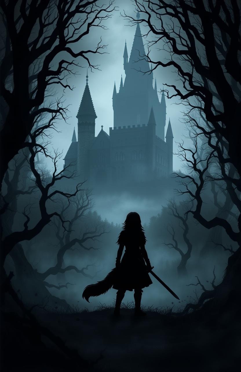 A dark and eerie forest surrounding a gloomy castle, with a silhouette of a black wolf in the foreground
