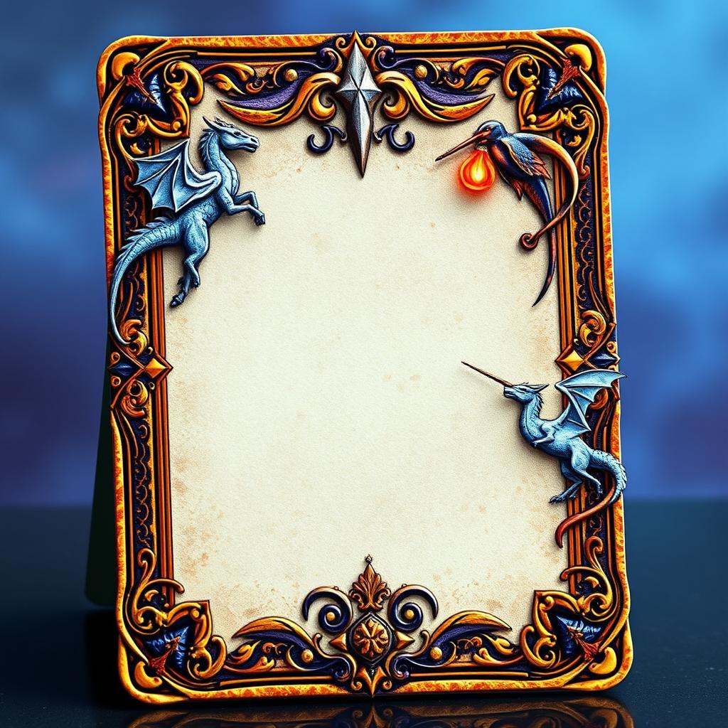 A beautifully designed fantasy card template featuring a mythical theme, adorned with intricate borders and illustrations of magical creatures like dragons and unicorns
