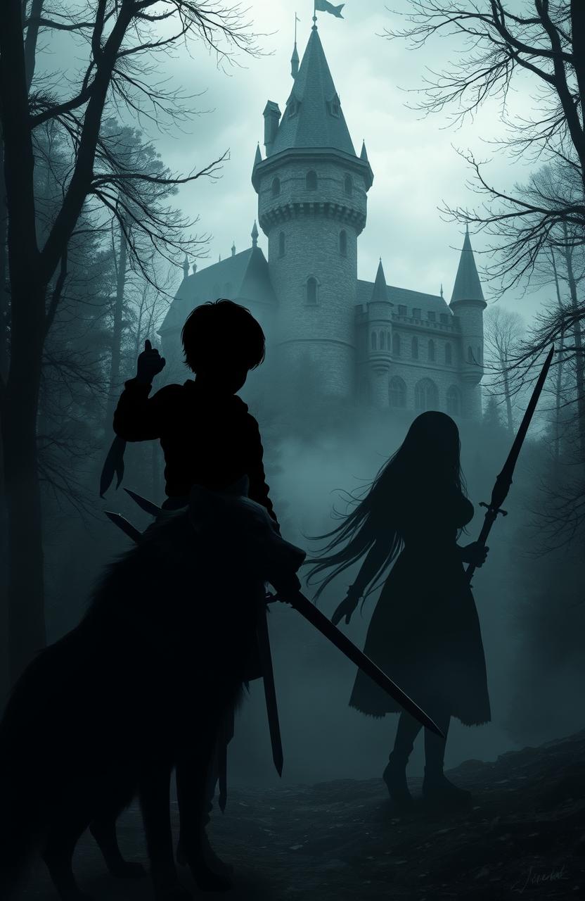 A dark and moody forest setting with a mysterious castle in the background
