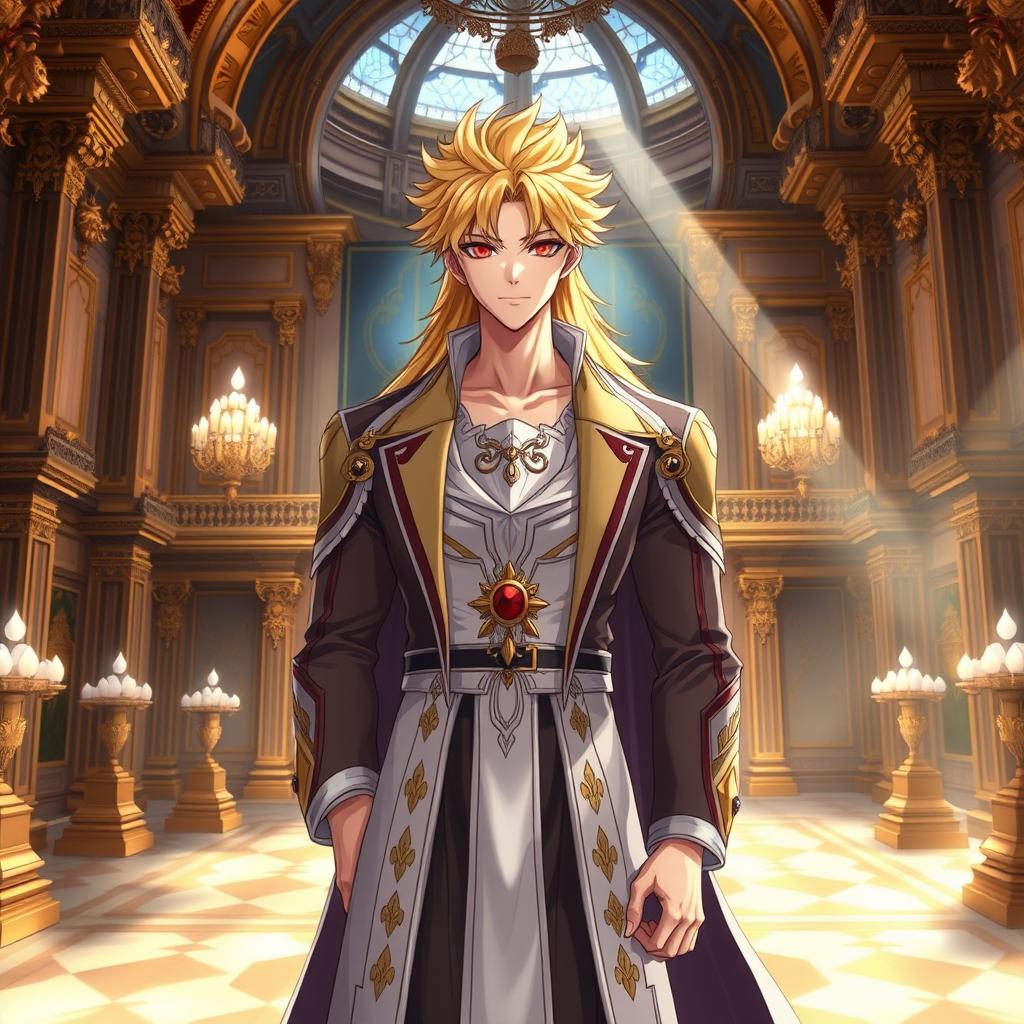 An anime-style handsome male character with striking yellow hair and intense red eyes, depicted as a god-like figure