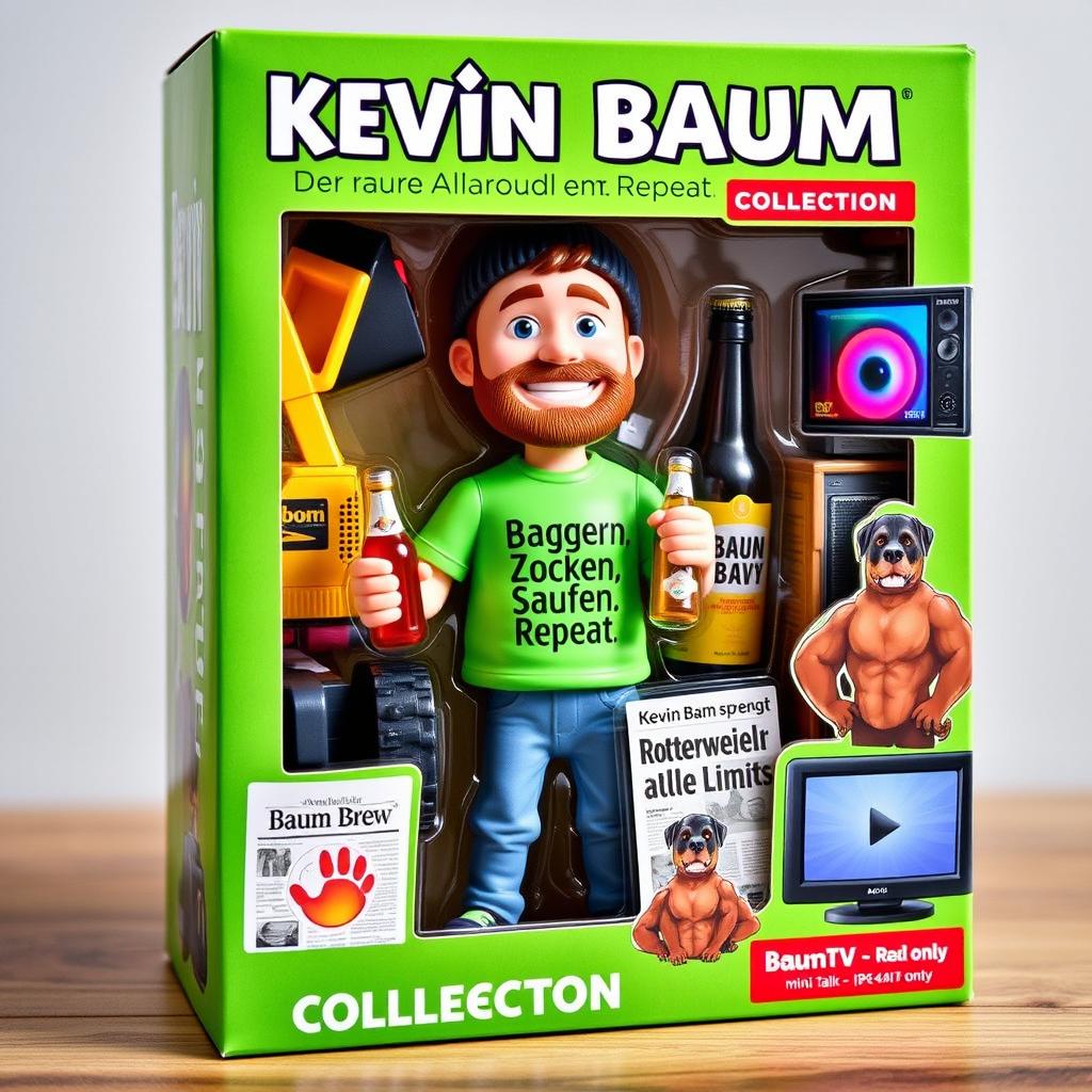 A green collectible toy box titled "Kevin Baum – Der wahre Allrounder COLLECTION" in a funny cartoon action figure package style
