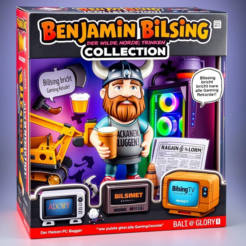 A vibrant collectible toy box titled "Benjamin Bilsing – Der wilde Nordmann COLLECTION", designed like a cartoon action figure packaging