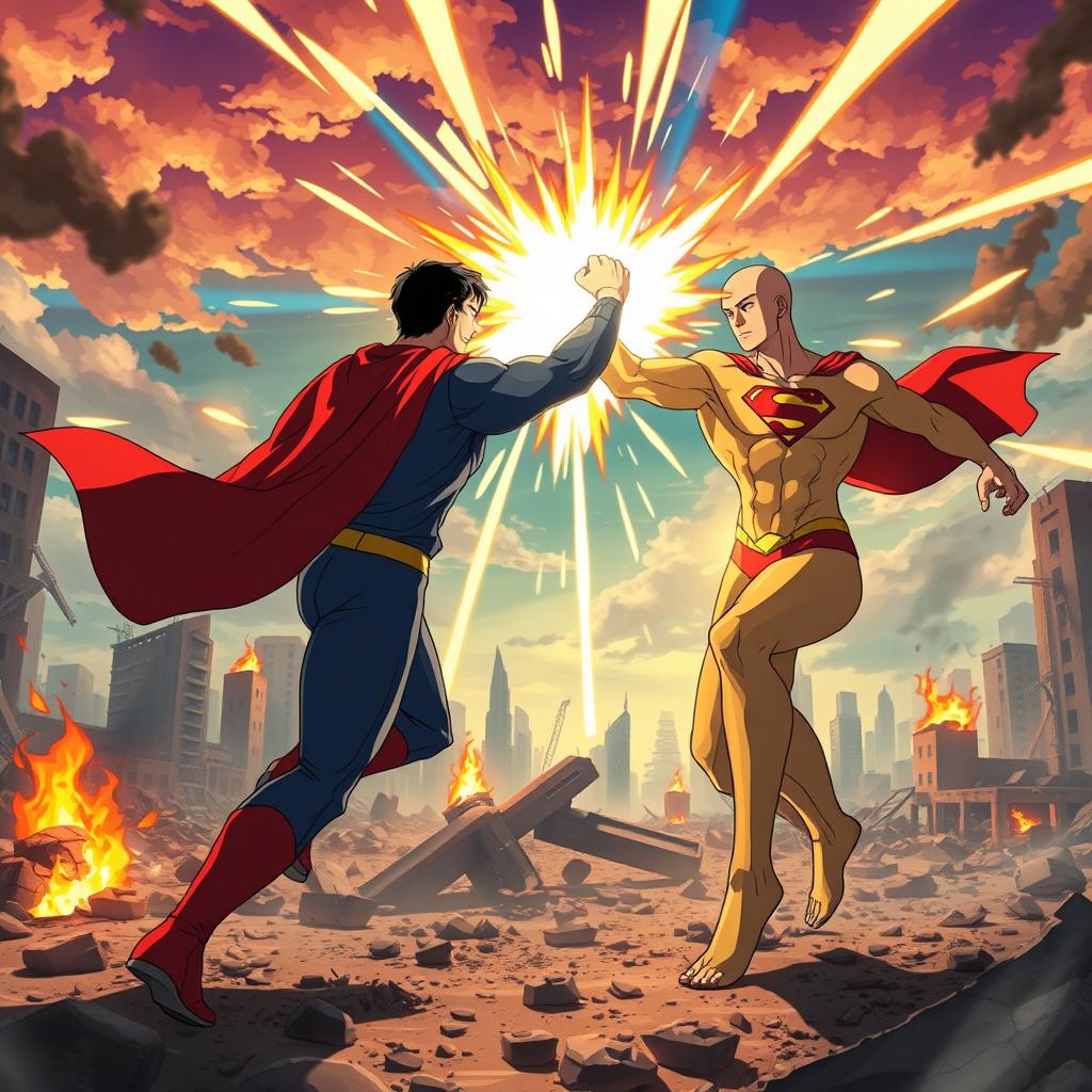 An epic anime battle scene featuring Saitama, the hero known for his incredible strength, engaged in a fierce fight against Superman in a fallen city