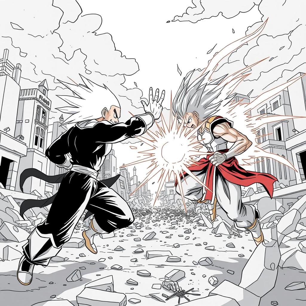 A dramatic showdown between Saitama and SuperN in a deserted city, showcasing the intensity of their final attacks
