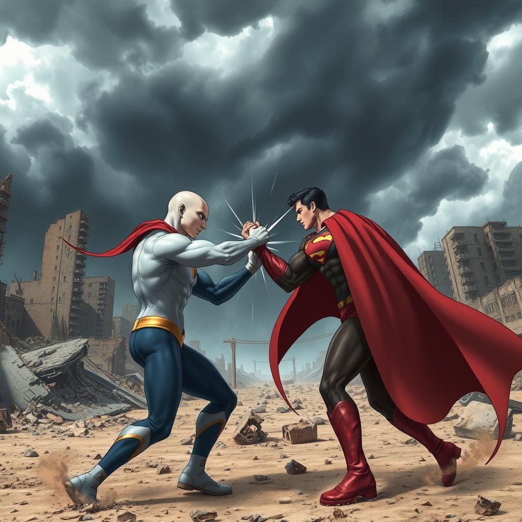 A dramatic showdown between Saitama and Superman in a deserted city, capturing the climactic moment of their final attack