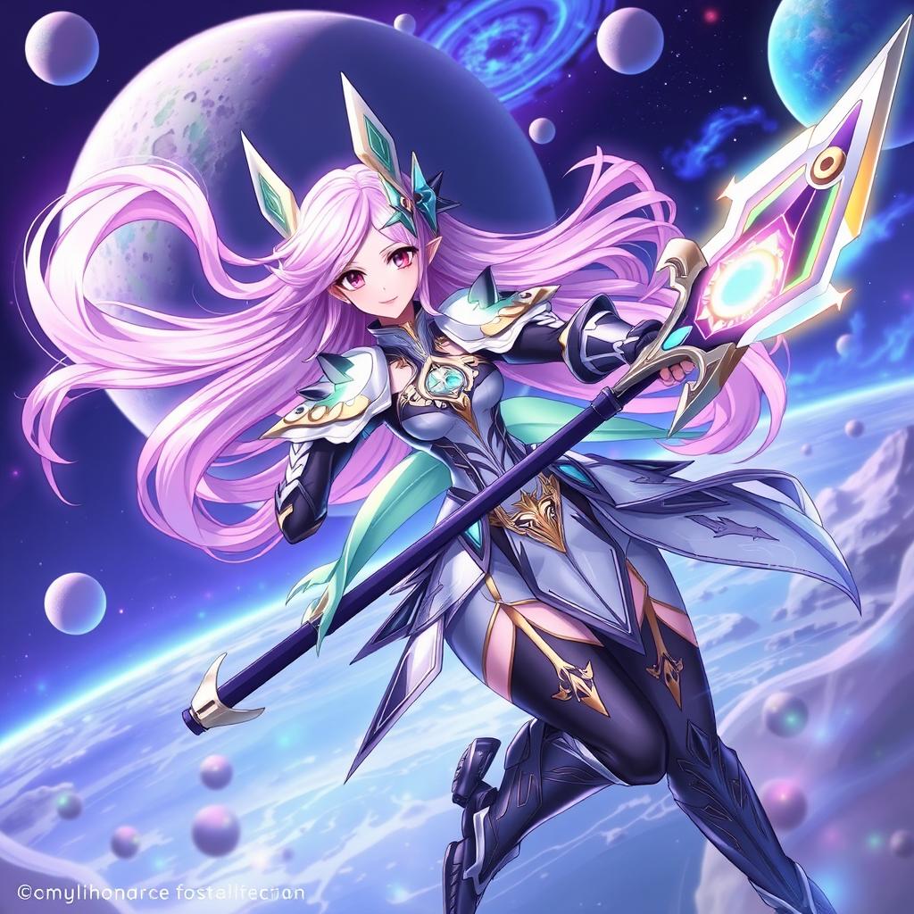A stunning in-game character named Castorice from Honkai Star Rail, depicted in an action pose with an elegant design featuring a blend of futuristic and fantasy elements