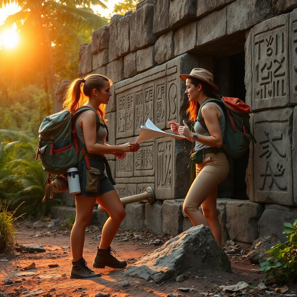 Two adventurous female archaeologists exploring an ancient ruin, surrounded by lush green jungle and vivid archaeological artifacts