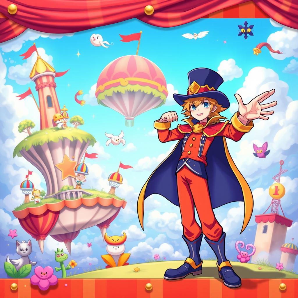 A vibrant and colorful banner in the style of Flyff, featuring a dynamic Ringmaster character on the side