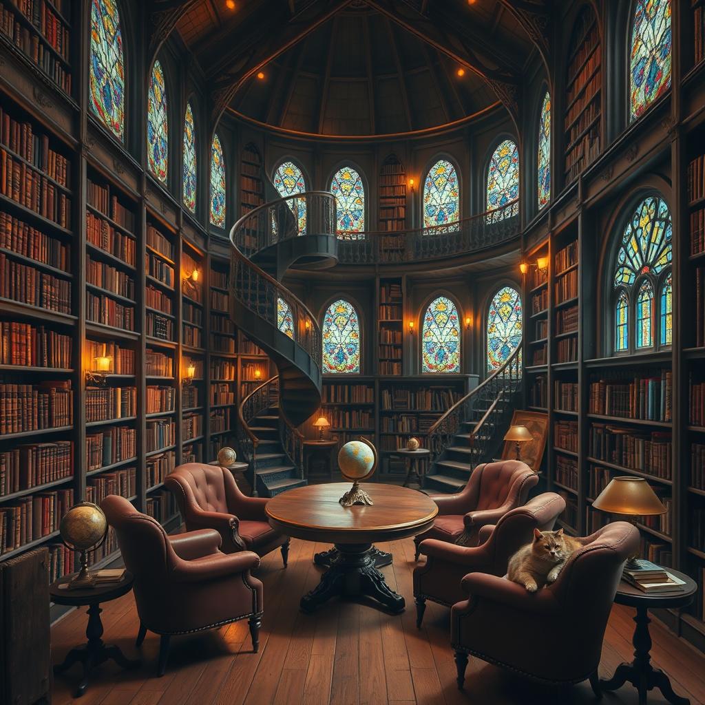 An enchanting library filled with towering shelves lined with ancient books, illuminated by soft, warm lighting