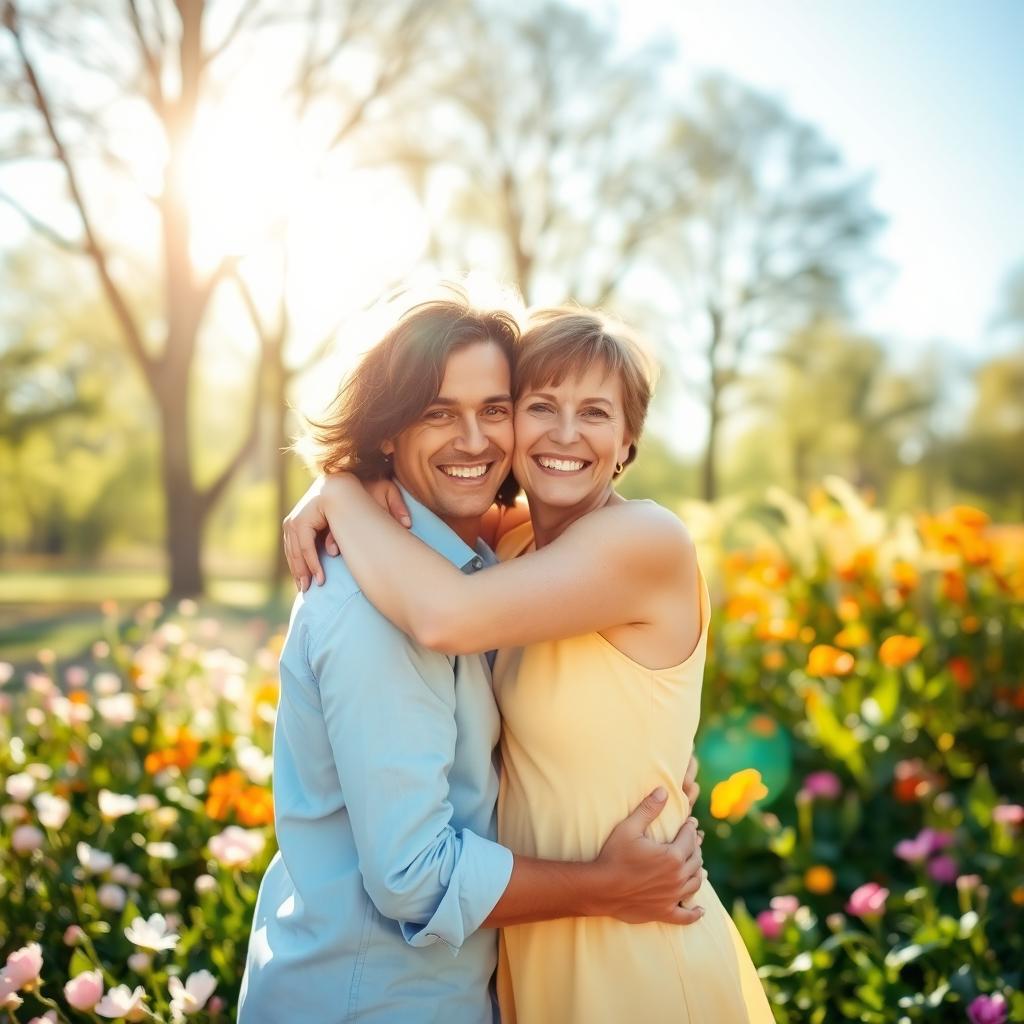 A warm and affectionate scene of two adults embracing in a joyful hug