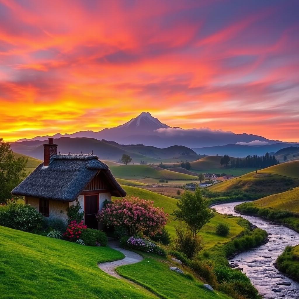 A picturesque landscape featuring a vibrant sunset over rolling hills with a peaceful river flowing through it