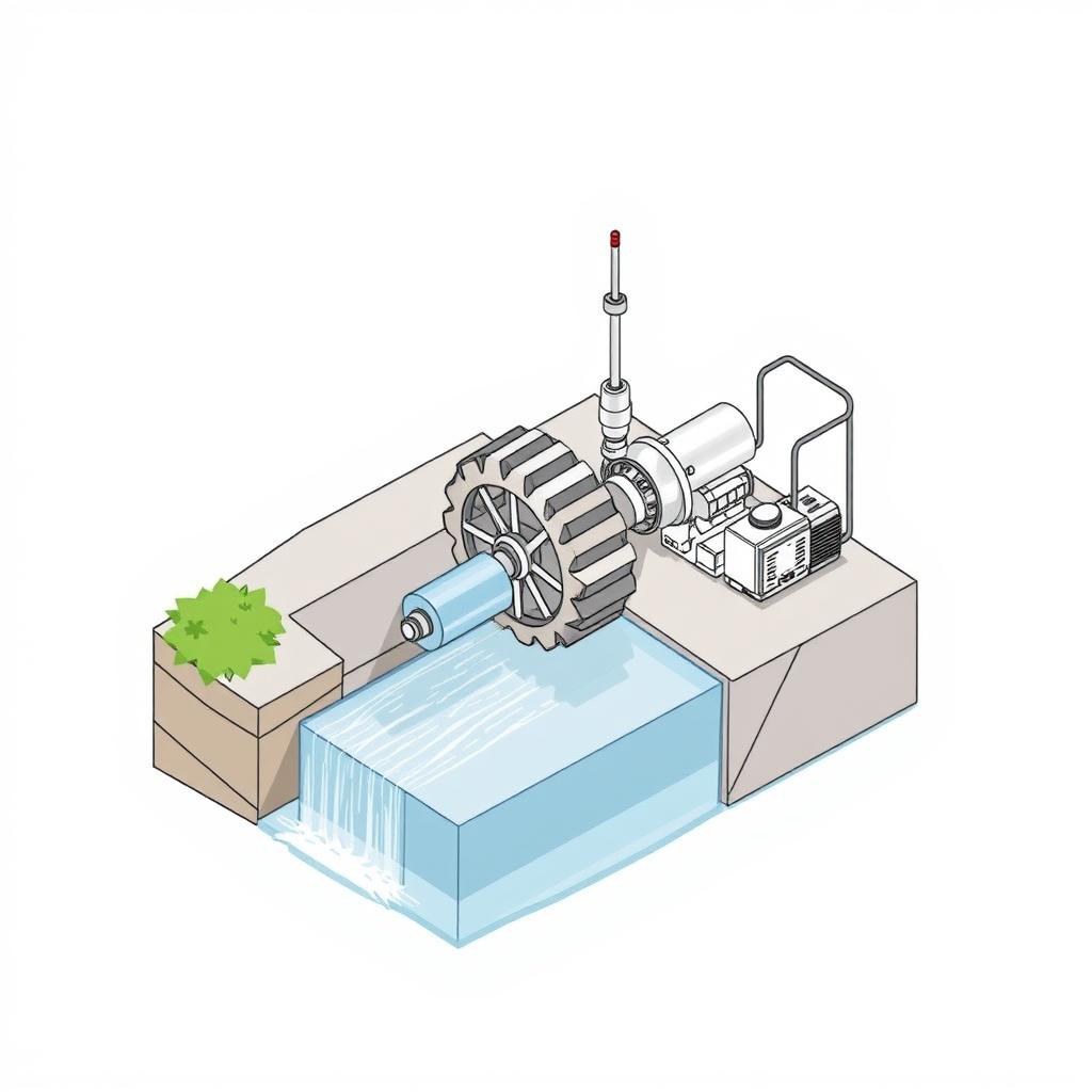 An isometric drawing of a mini hydropower plant (mini HPP) featuring a closed rotating wheel (turbine)