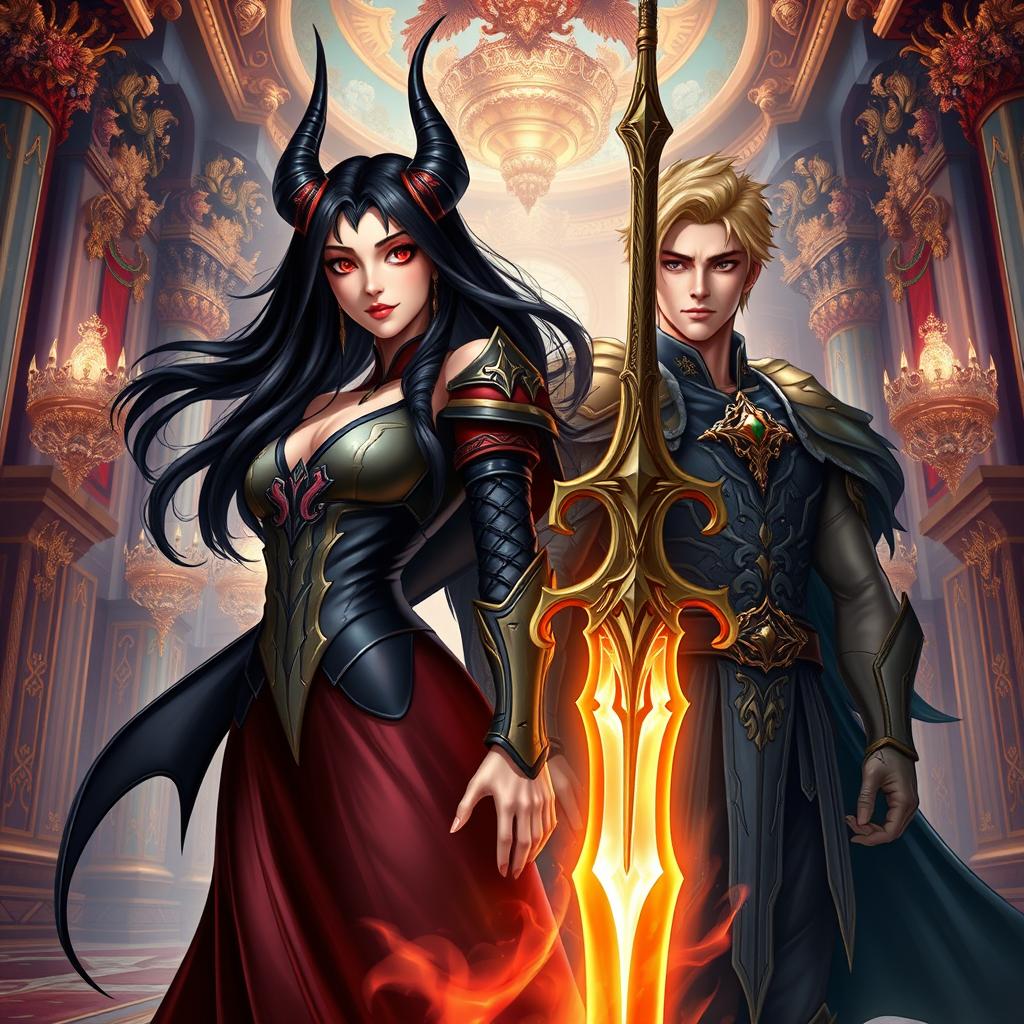 A fantasy novel cover depicting a beautiful and scheming female demon lord with black hair and striking red eyes, standing confidently in a magnificent palace filled with ornate decorations and rich colors