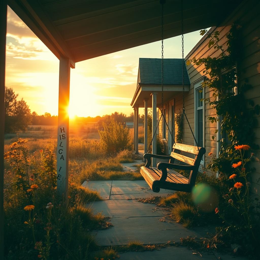 A nostalgic scene depicting a beautiful, sunlit landscape of an empty home with overgrown gardens, symbolizing loss and longing
