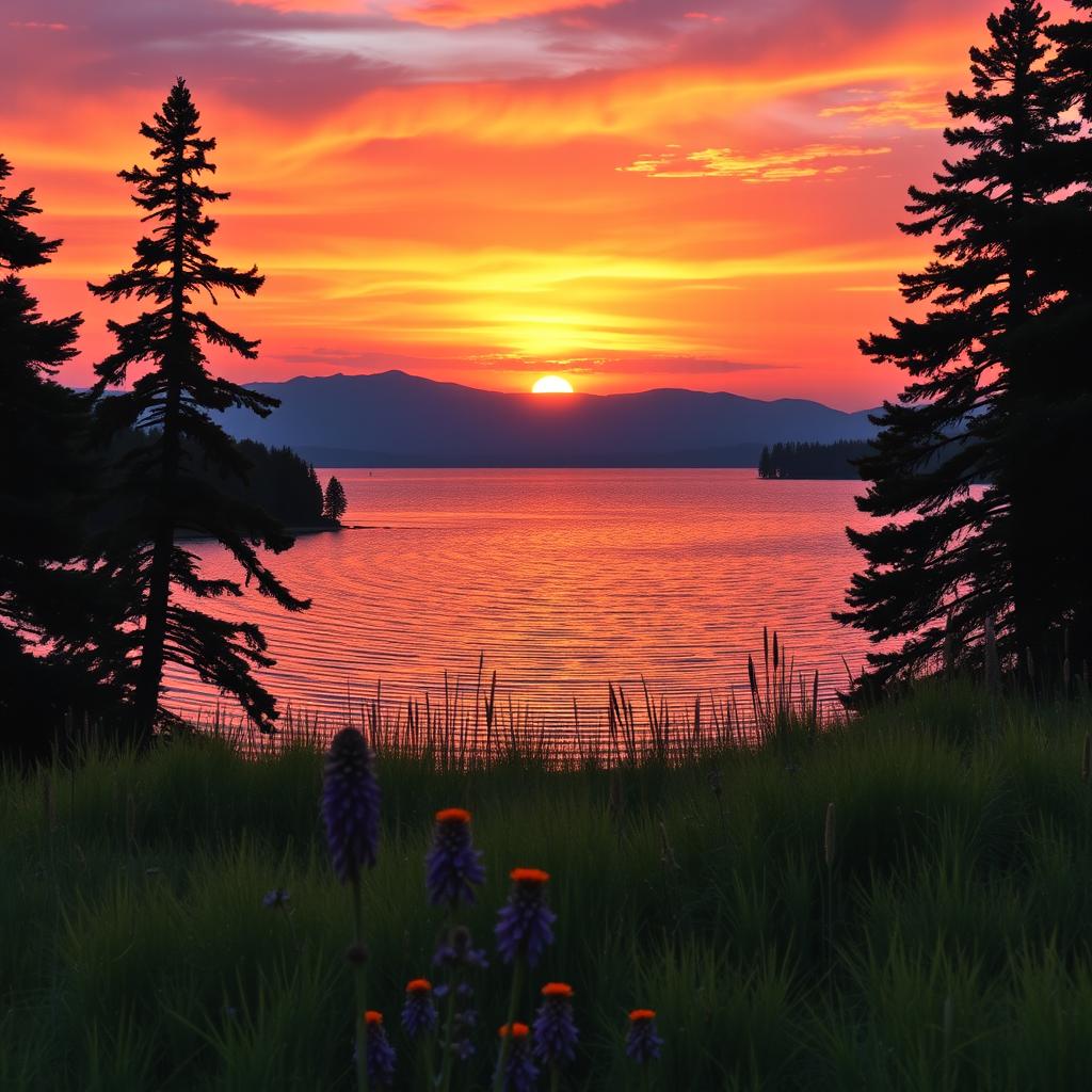 A breathtaking landscape showcasing a vibrant sunset over a serene lake