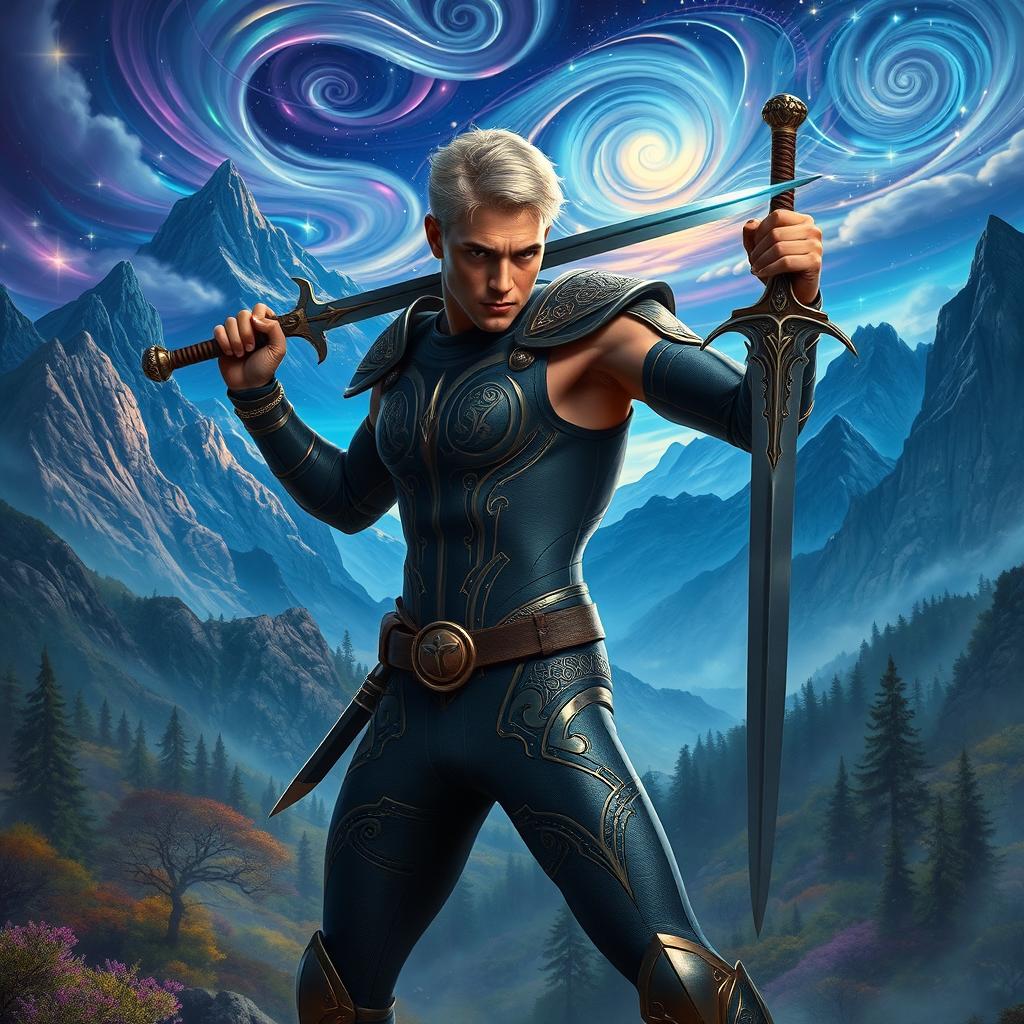 A man in a sleek, form-fitting bodysuit that features intricate patterns and medieval armor accents, posed confidently with a gleaming sword in hand