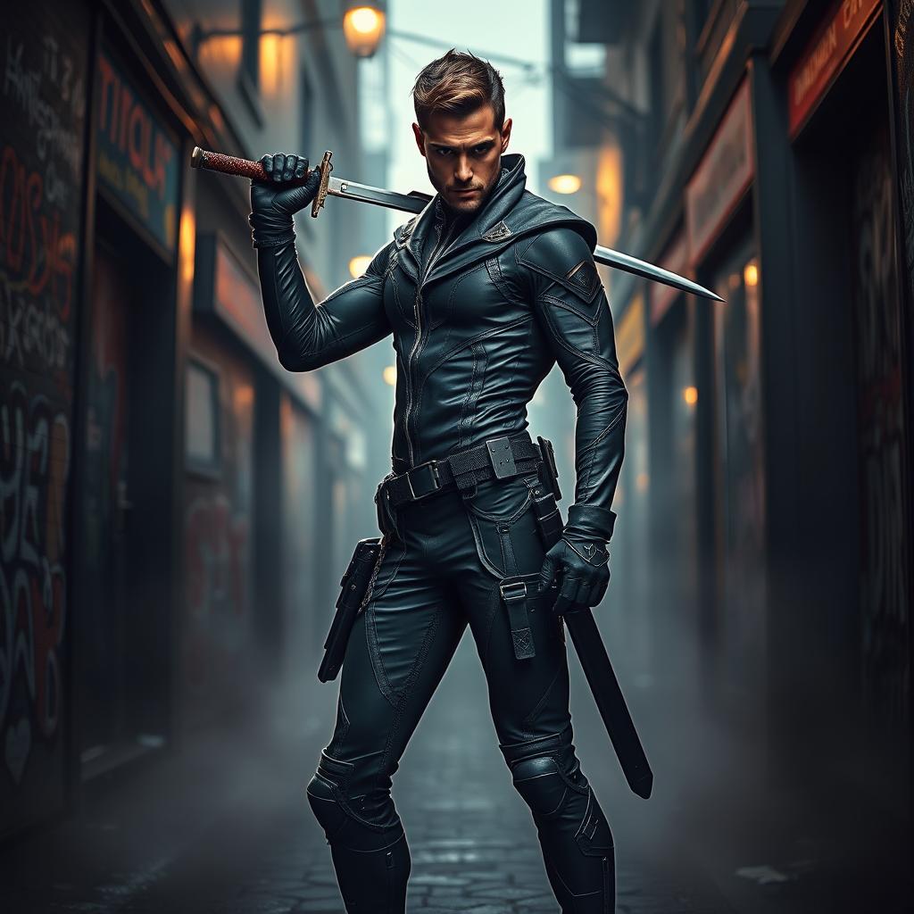A rogue man dressed in a form-fitting bodysuit that combines sleek, dark materials with edgy designs and tactical elements, standing in a confident pose with a sword drawn, ready for action