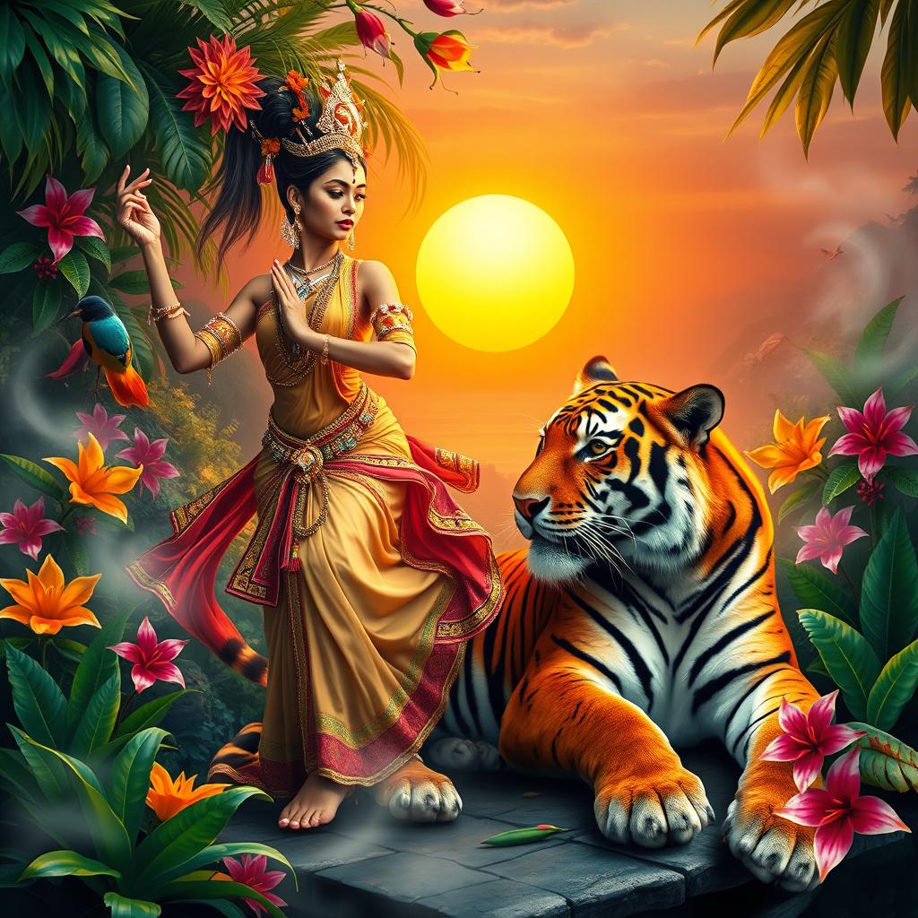 A stunning scene depicting an apsara dancer gracefully performing against a lush, paradise-like backdrop with vibrant, exotic flora and fauna
