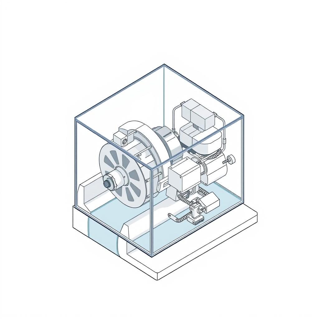 An isometric drawing of a mini hydropower plant featuring a rotating closed wheel (turbine) housed within a semi-transparent casing