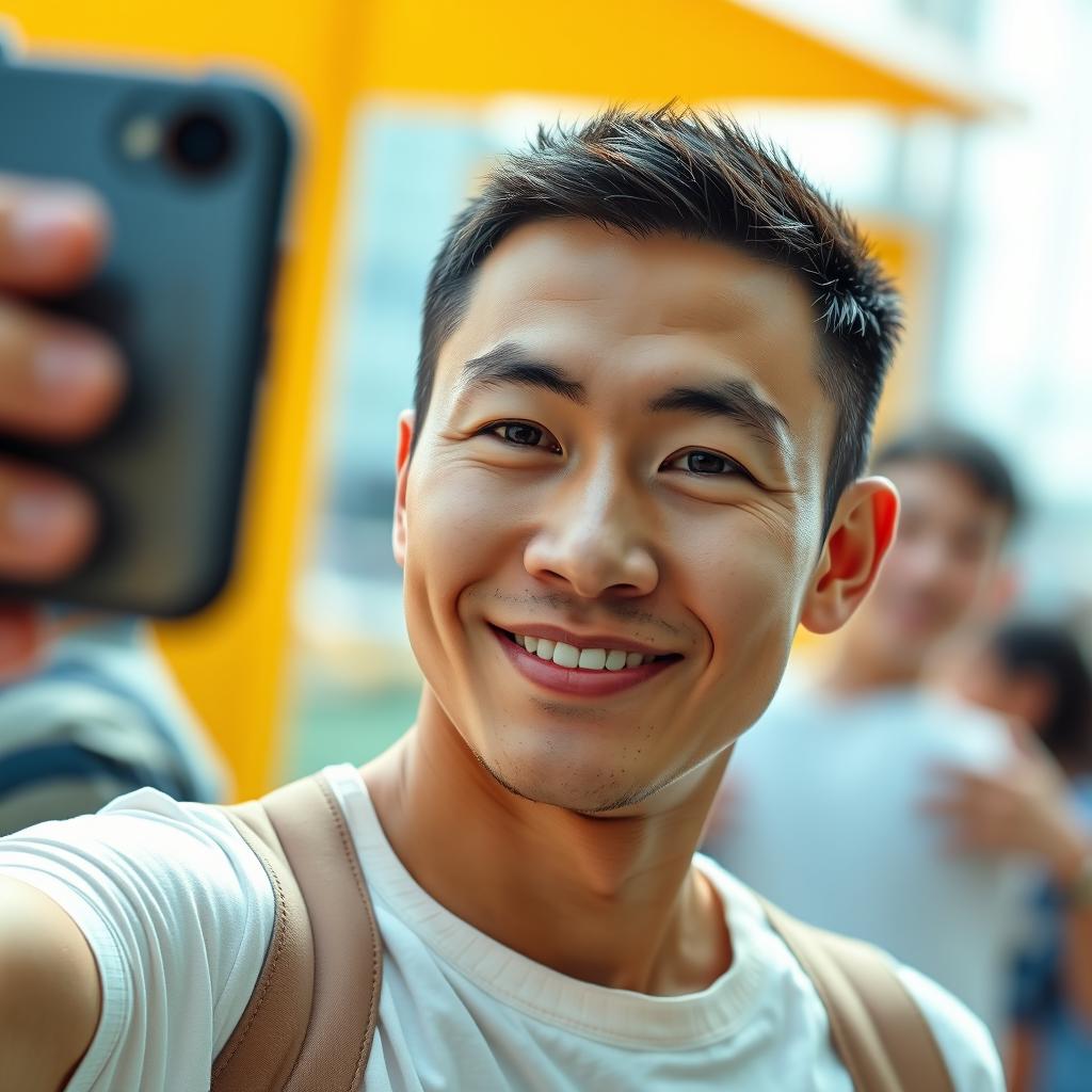 A 30-year-old man of mixed Thai and Korean descent, featuring very short hair and dressed in a casual outfit, taking a selfie