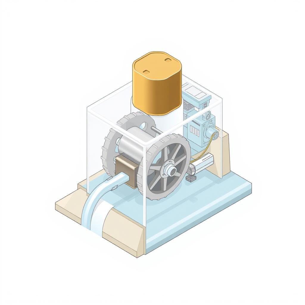 An isometric drawing of a mini hydropower plant (mini HPP) featuring a closed rotating wheel (turbine) with a semi-transparent brown plastic casing on top